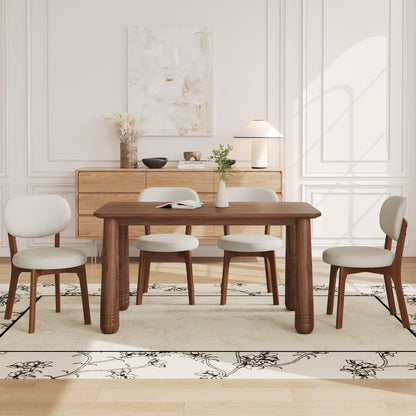 63" Solid Wood Dining Table Set with 4 Upholstered Chairs, Farmhouse Dinner Table Set of 5 Piece with Walnut Finish & Beige Chenille Seats, Heavy-Duty Support up to 1000 lbs, Easy Assembly