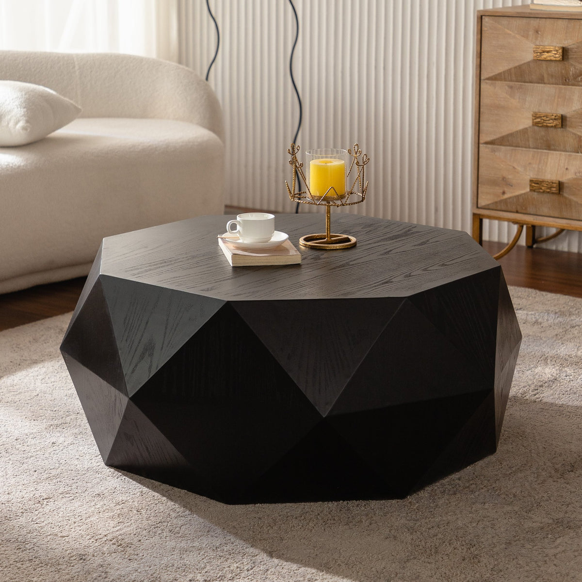 38"Three-dimensional Embossed Pattern Design American Retro Style Coffee Table,Black Tabletop