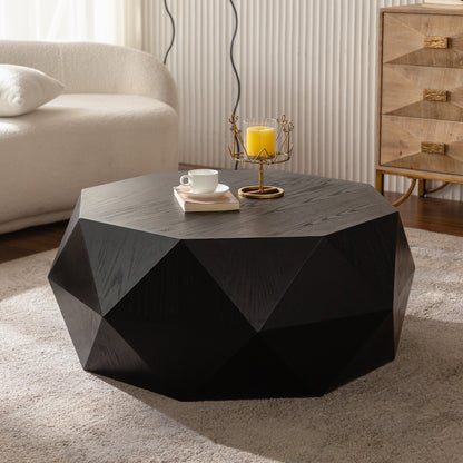 38"Three-dimensional Embossed Pattern Design American Retro Style Coffee Table,Black Tabletop