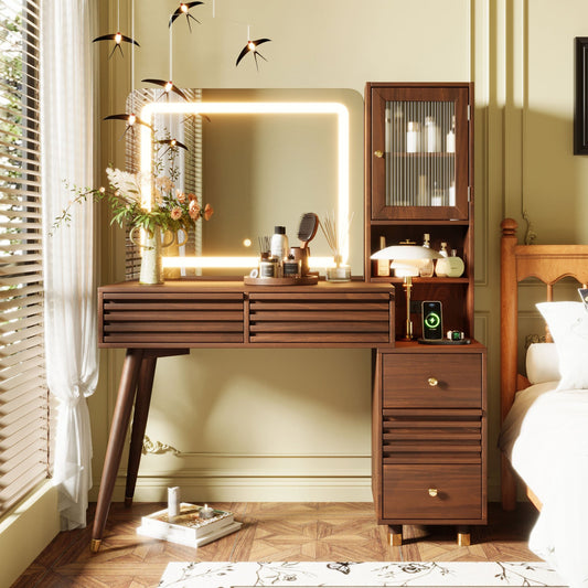 45.9'' Makeup Vanity Desk with Mirror and Lights, Vanity Table with 5 Drawers and Rubber Wood Legs,, Dressing Table with Fluted Glass Storage Cabinet and Power Outlet,Espresso