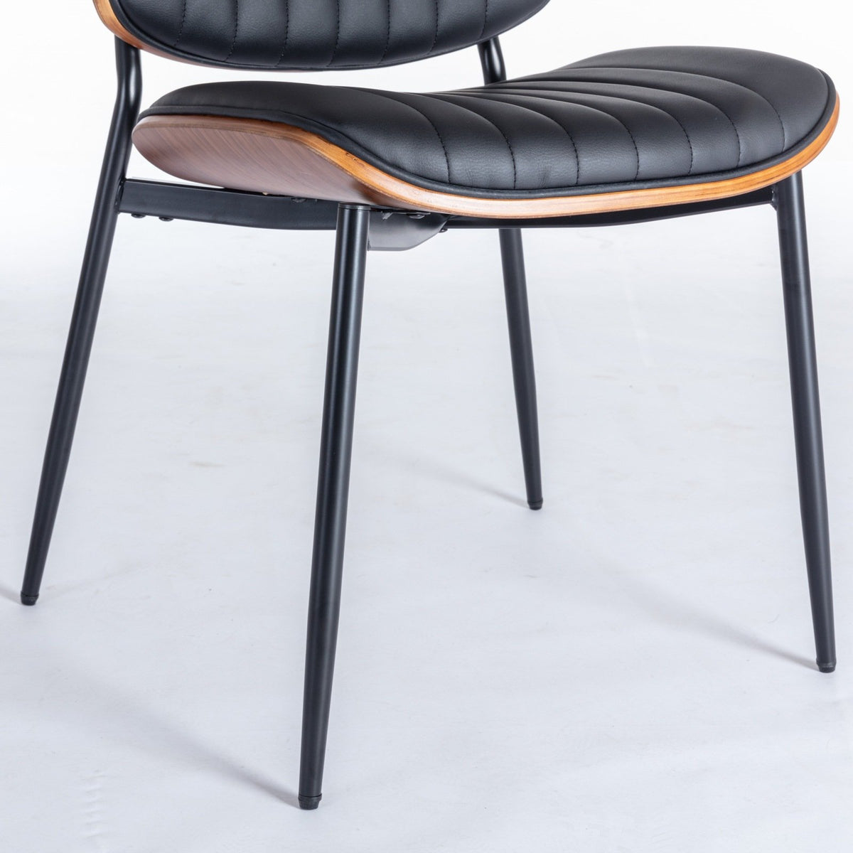 A&A Furniture, Dining Chairs Set of 2 Mid Century Modern Retro Faux Leather Chair with Walnut Bentwood Back Upholstered Seat Metal Legs – Black