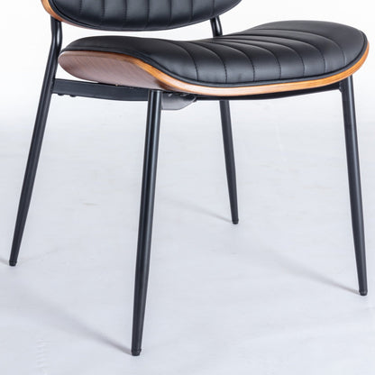 A&A Furniture, Dining Chairs Set of 2 Mid Century Modern Retro Faux Leather Chair with Walnut Bentwood Back Upholstered Seat Metal Legs – Black