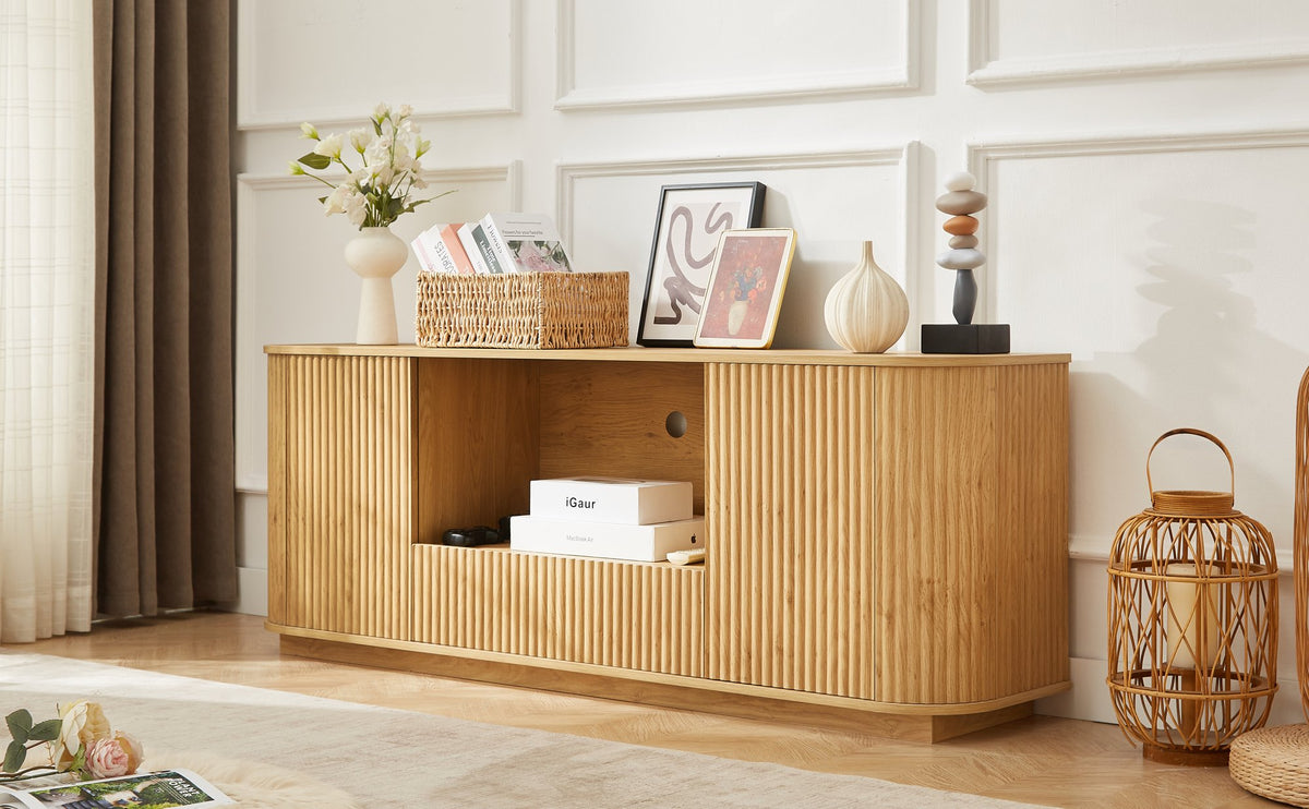 64-Inch Wavy TV Stand, Rounded Sideboard, Storage Cabinet, Wooden Vertical Stripe Cabinet for Living Room/Bedroom/Entryway. Natural,64''W x 15''D x 24''H.