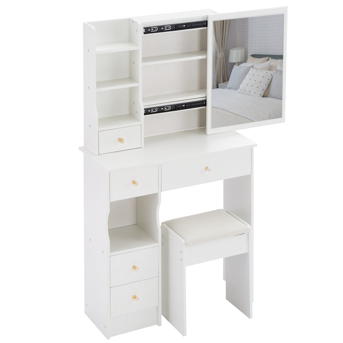 29.2" Small Space Left Drawer Desktop Vanity Table + Cushioned Stool, Extra Large Right sliding mirror, Multi Layer High Capacity Storage – Model W3258P299609