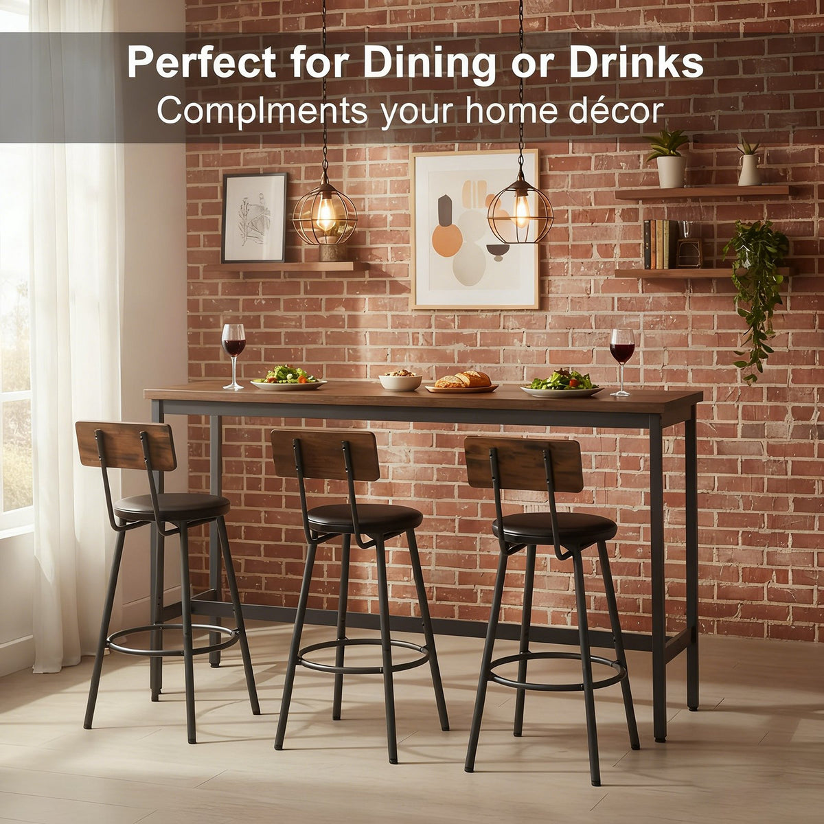 Bar Table and Chairs Set for 3, 4 Piece Industrial Dining Table Set with 3 PU Upholstered Bar Stools, Bar Table Set, Small Space Corner