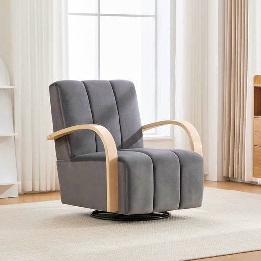 30.7"W Upholstered 360° Swivel Accent Chair with Solid Wood Armrests and Comfy Channel Tufted Lounge Reading Chair, Single Sofa Armchair for Hotel Bedroom Living Room Office and Bedroom. Charcoal