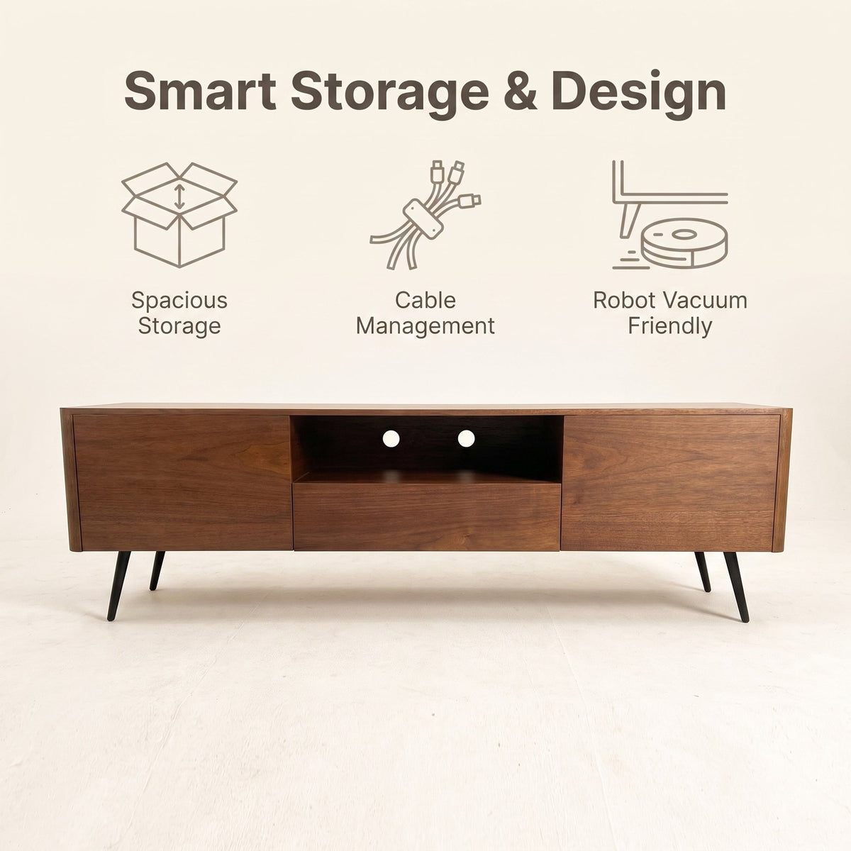70.8-inch walnut TV stand, suitable for televisions up to 85 inches, featuring enclosed storage and cable management, soft-close hinges and iron legs, ideal for the living room RR
