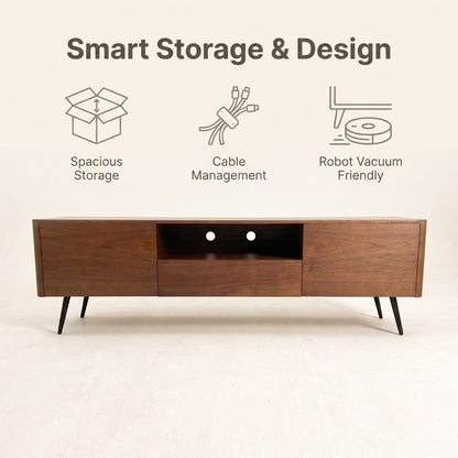 70.8-inch walnut TV stand, suitable for televisions up to 85 inches, featuring enclosed storage and cable management, soft-close hinges and iron legs, ideal for the living room RR