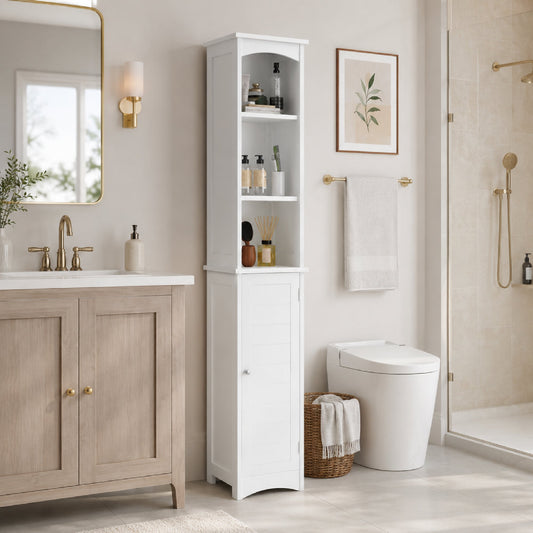 64.17'' Tall Bathroom Storage Cabinet with Adjustable Shelves, Slim 1 Doors Freestanding Cabinet with Anti-Tip, Open compartments