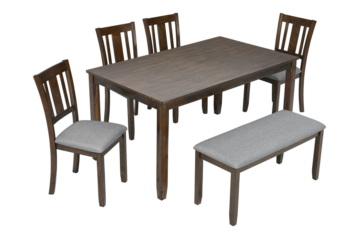 6PCs Kitchen Dining Set, Rectangular Wooden Dining Table with 4 Upholstered Chairs and a Bench, Dining Table Set for 6 People, Walnut