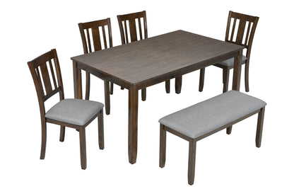 6PCs Kitchen Dining Set, Rectangular Wooden Dining Table with 4 Upholstered Chairs and a Bench, Dining Table Set for 6 People, Walnut