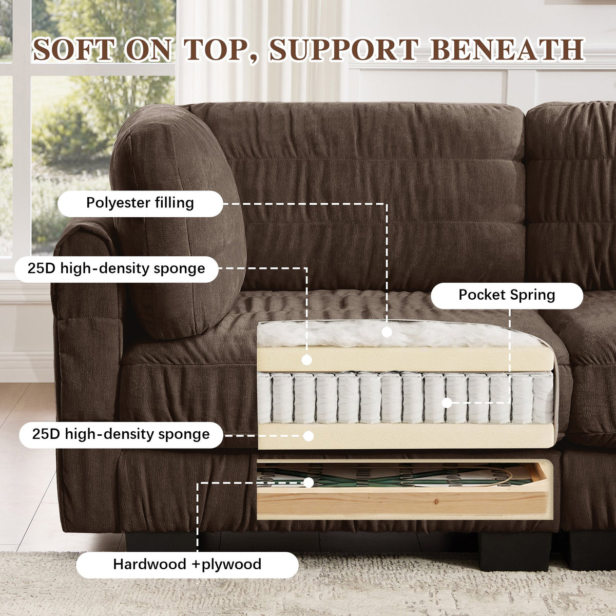 4 Seat Ruched Detailing Chenille Modular Sectional Sofa,Movable Ottoman,High-Density Foam,L Shape Thickened  Back Cushions,Easy Assembly,For Living Room,Bedroom,Brown