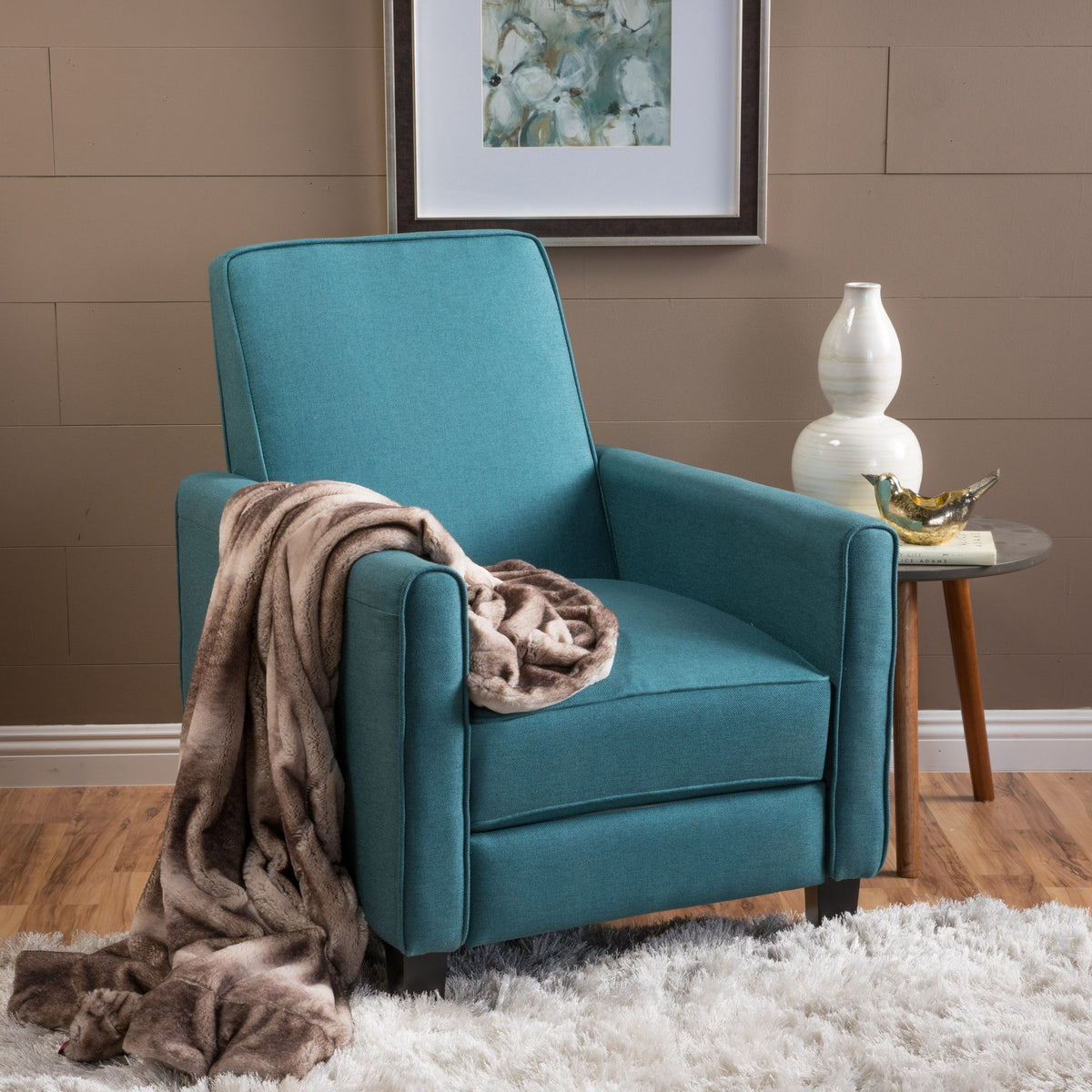 27.5" Push Back Recliner Chair Upholstered Recliner Armchair with Solid Rubber Wood Legs for Living Room and Bedroom(Old SKU:52422.00FDTE), DARK TEAL