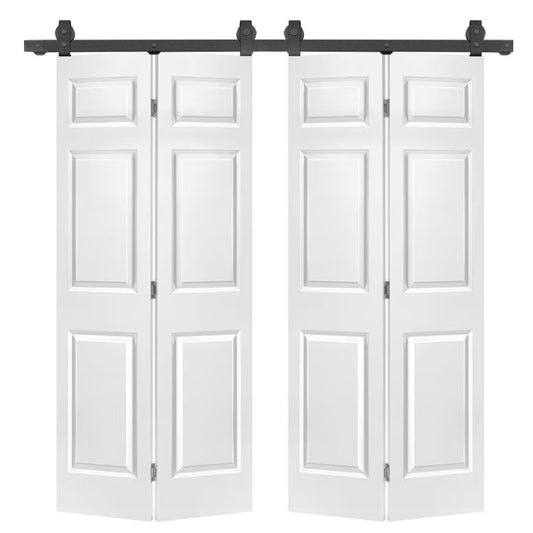 48 in. x 80 in. 6-Panel Primed MDF Composite Double Bi-Fold Barn Door with Sliding Hardware Kit