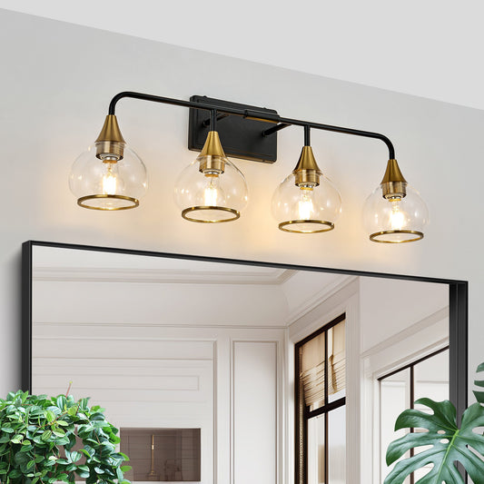 31" Modern 4-Light Vanity Wall Sconce - Black and Gold Bathroom Light Fixture with Clear Glass Shades