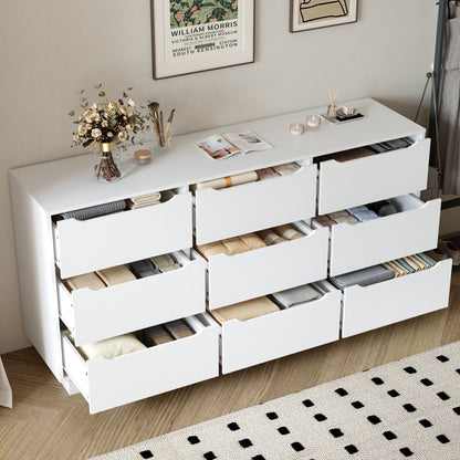 9 Drawer Dresser for Bedroom with Deep Drawers, Large Floor Wood Dressers & Chest of Drawers , Modern White Long Dressers for Closet Living Room