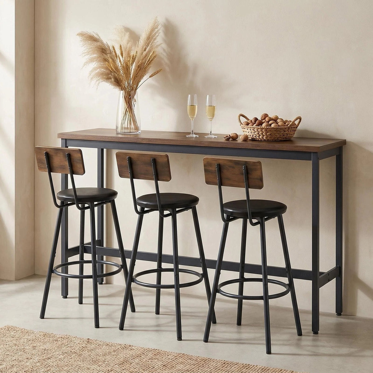 Bar Table and Chairs Set for 3, 4 Piece Industrial Dining Table Set with 3 PU Upholstered Bar Stools, Bar Table Set, Small Space Corner