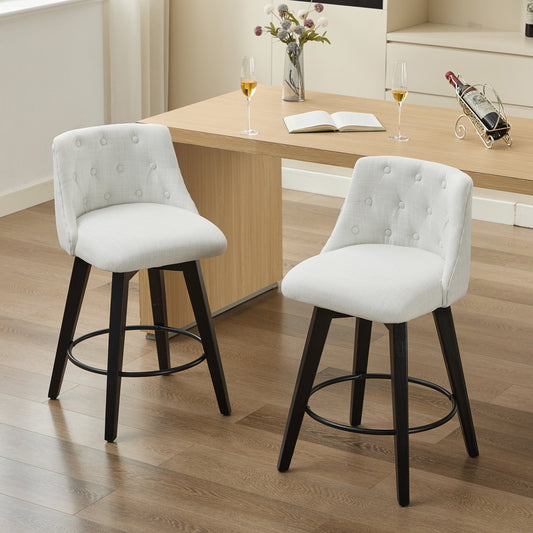 007-360° Swivel Bar Stools Set of 2-Modern 25" Counter Height Stools with Stain-Resistant Line&Button Tufted Back, Solid Wood Frame Barstools for Kitchen Island, Cafe or Home Bar, Easy Assembly White