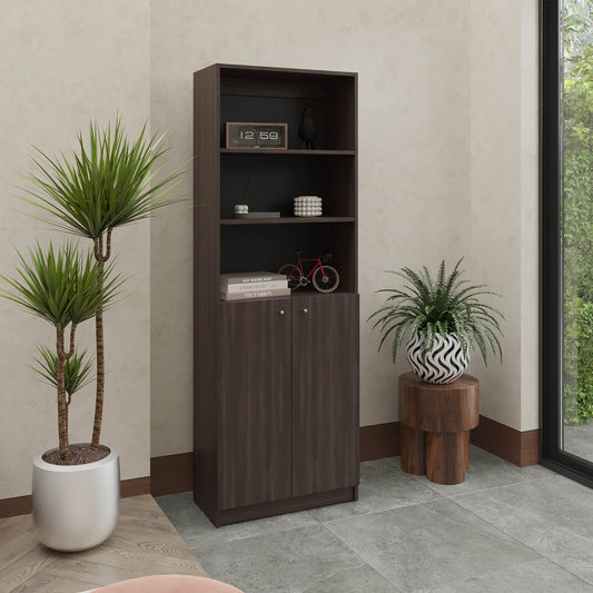2-Door Bookcase with Upper Shelves, Dark Walnut / Black Wengue