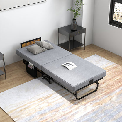 78"×31" Folding Bed with Headboard & USB Charging Station, 3" Memory Foam Rollaway Bed with Storage Pocket, Heavy-Duty Portable Guest Bed on Wheels, Ideal for Guests, Office Naps & Camping