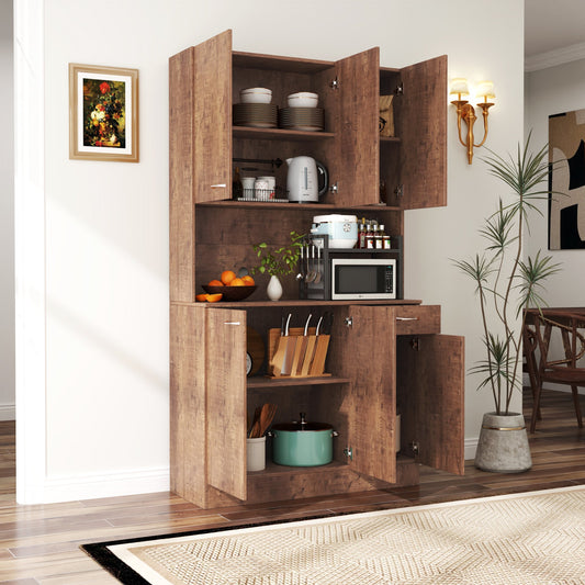 70.87" Tall Wardrobe& Kitchen Cabinet, with 6-Doors, 1-Open Shelves and 1-Drawer, Walnut