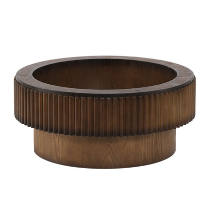 31.49'' Round Coffee Table with Storage, Modern Small Coffee Table with White Marble-Pattern Top & Solid Wood Fluted Base, Center Table for Living Room, Apartment, Office