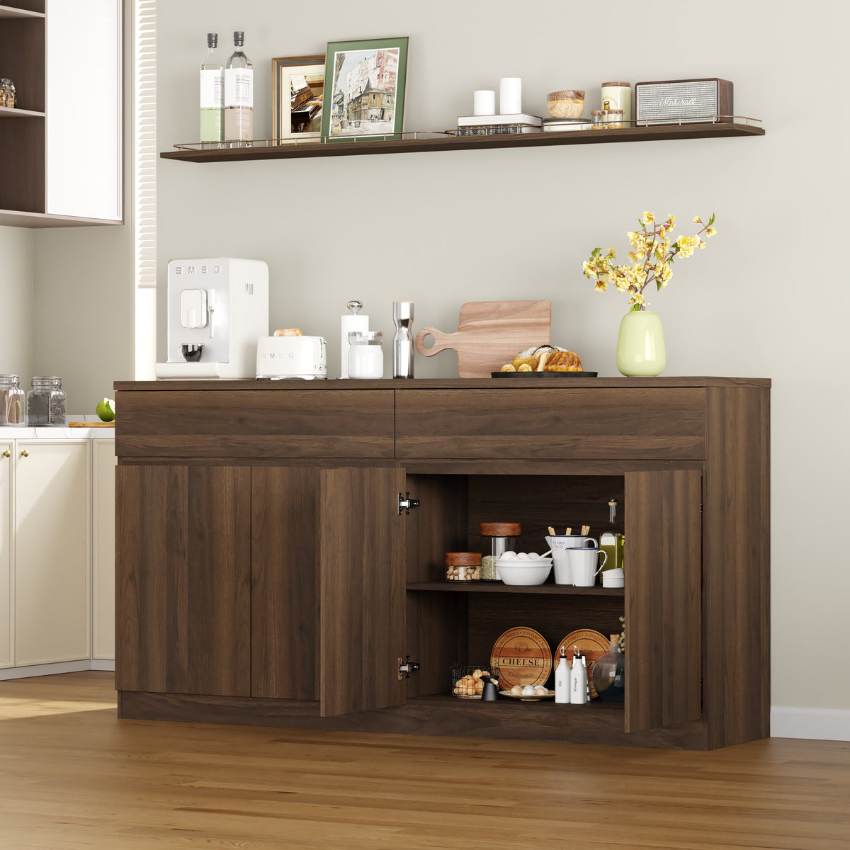 63.1" Sideboard Buffet Cabinet with Storage,Large Kitchen Storage Cabinet with 2 Drawers and 4 Doors, Wood Coffee Bar Buffet Table for Kitchen Dining Room, Walnut