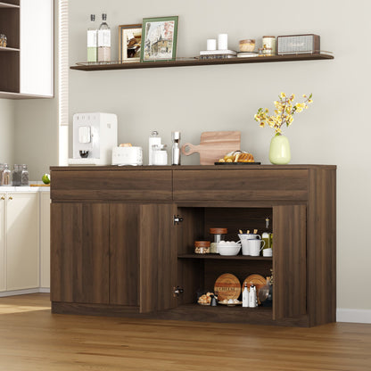 63.1" Sideboard Buffet Cabinet with Storage,Large Kitchen Storage Cabinet with 2 Drawers and 4 Doors, Wood Coffee Bar Buffet Table for Kitchen Dining Room, Walnut