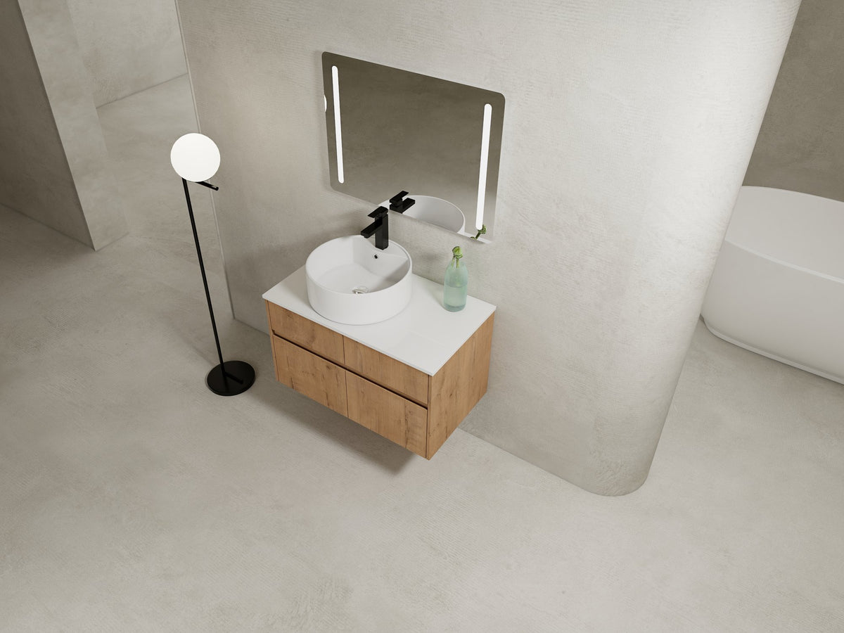 32(31-1/2") Inch Wall-Mounted Bathroom Vanity with Ceramic Art Sink and Countertop Flat Plate, 2-Soft Close Doors and 1-Drawer, KD-Packing, Plywood - BAB3098MOWH