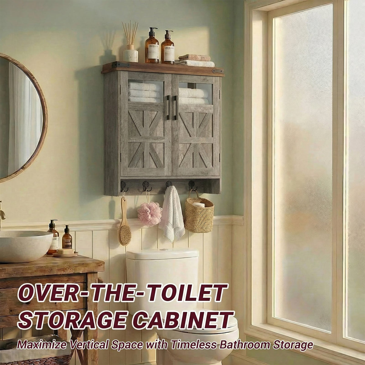 Bathroom Wall Cabinet Wall, Over Toilet Storage Cabinet, Bathroom Medicine Cabinet with Adjustable Shelves & Hook, Farmhouse Bathroom Storage for Small Bathrooms, Kitchen, Laundry