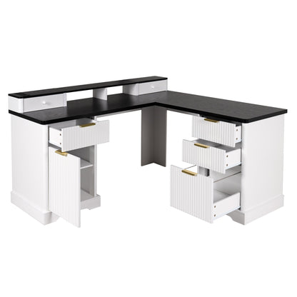 59" Modern Fluted L-Shaped Desk with Charging Station & Storage Cabinet - Home Office Computer Desk with Monitor Stand