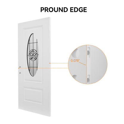 36"x80" Fiberglass Front Door with White 4-9/16" PVC Frame,Left-Hand Inswing Exterior Door with Brickmould,Brushed Smooth skin with Oval Decorated glass for Home Entrance,White