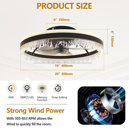 20-inch Black Smart Ceiling Fan Light with Silent Function, Multi-Speed Adjustment, Study Room