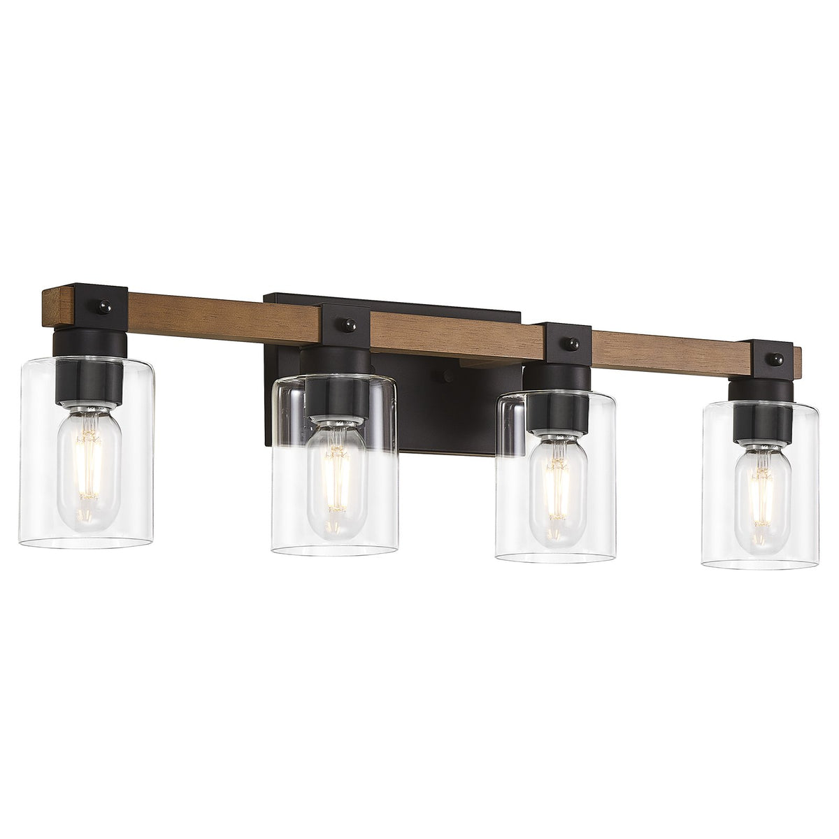 4-Light Farmhouse Vanity Light, Antique Wood Bathroom Wall Light with Clear Glass Shades, Mirror Lighting for Bedroom & Hallway, No Bulbs Included