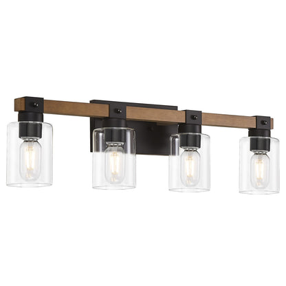 4-Light Farmhouse Vanity Light, Antique Wood Bathroom Wall Light with Clear Glass Shades, Mirror Lighting for Bedroom & Hallway, No Bulbs Included