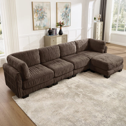 4 Seat Ruched Detailing Chenille Modular Sectional Sofa,Movable Ottoman,High-Density Foam,L Shape Thickened  Back Cushions,Easy Assembly,For Living Room,Bedroom,Brown