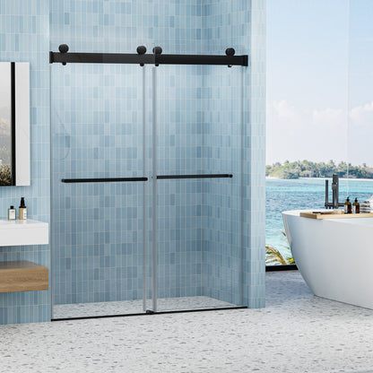 56 to 60 in. W x 76 in. H Double Sliding Frameless Soft-Close Shower Door with Premium 3/8 Inch (10mm) Thick Tampered Glass and Easy-cleaning Coating, Matte Black CM-23D02-60MB