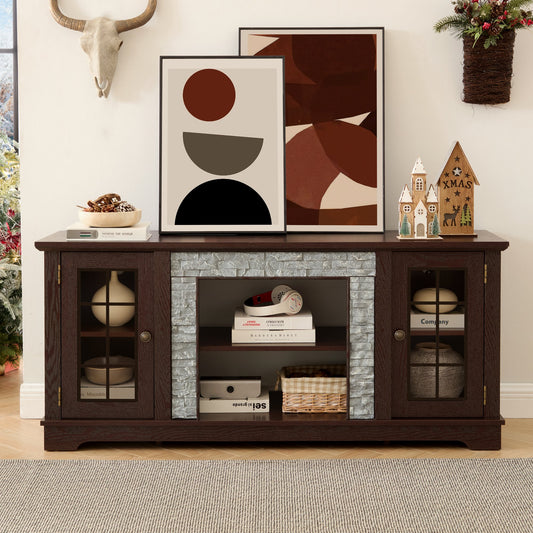 58" Modern TV Stand with 2-Door Storage, Faux Stone Media Console Cabinet, Cherry Large Entertainment Center
