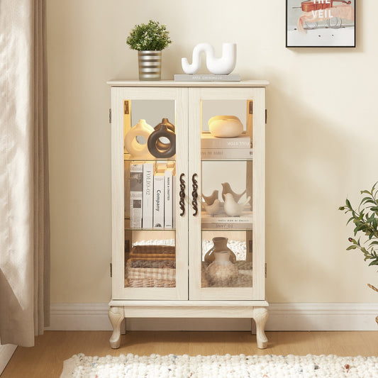 2 Doors Curio Cabinet with Tempered Glass Doors, Curio Cabinets with Mirrored Back Panel and Adjustable Shelves, Lighted Display Cabinet