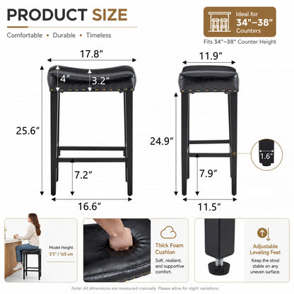2-piece bar stool, 25.6 inches high, no back design, with 4-inch thick padded seat, equipped with brass nailhead decoration, leather material, 1.6-inch heavy-duty carbon steel legs, black color