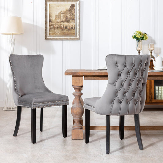A&A Furniture, Upholstered Wing-Back Dining Chair with Backstitching Nailhead Trim and Solid Wood Legs, Set of 2, Gray, SW8809GY, KD