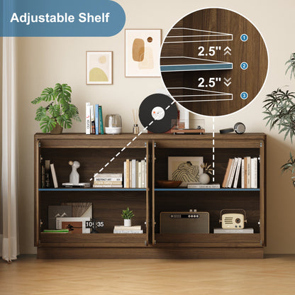 59.1 Inch Walnut 4-Door Sideboard Buffet Cabinet, Particle Board Storage Credenza with Adjustable Shelves, Wide Console Storage Cupboard for Dining Room, Kitchen, Living Room & Entryway