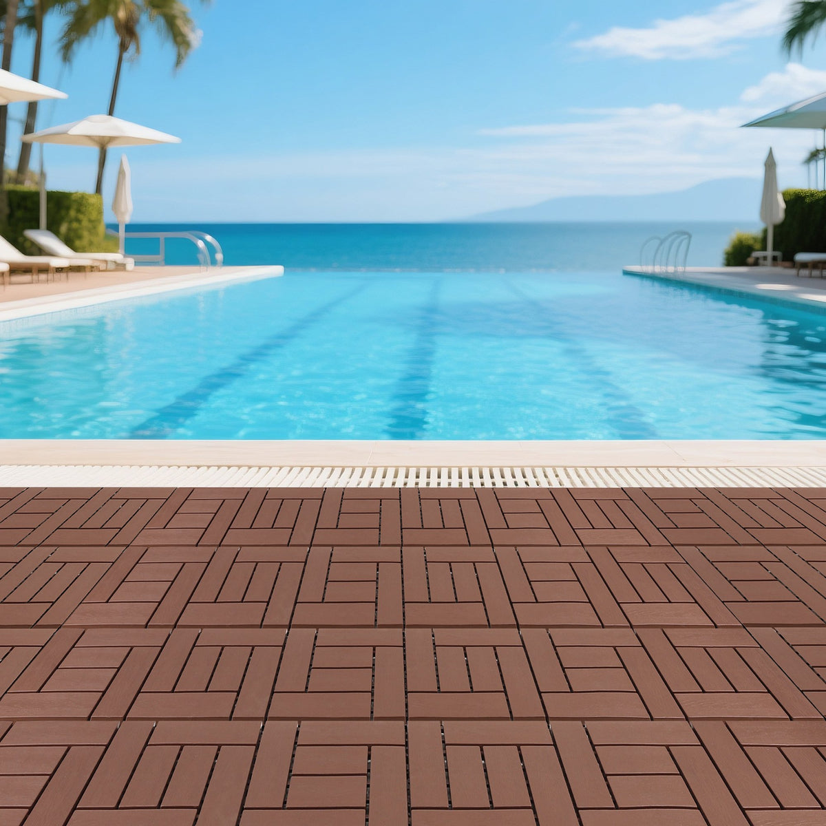12-inch ZZ style interlocking deck tiles, DIY modular interlocking decking floor tiles, indoor and outdoor floor tiles, courtyard floor tiles that easy to install quickly ,44 pieces, Brown
