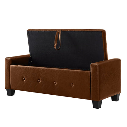 48" Ottoman Bench with Storage, Upholstered Tufted Faux Leather PU Ottoman Brown