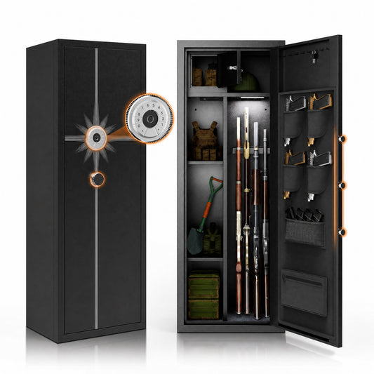 8 Gun Safe Rifle and Pistol Storage, Fingerprint Lock Gun Cabinet with Adjustable Racks & Shelves, 4 Pistol Pockets, Quick Access Rifle Safe with Keypad, Alarm & Silent Modes, 57" H Gun Locker