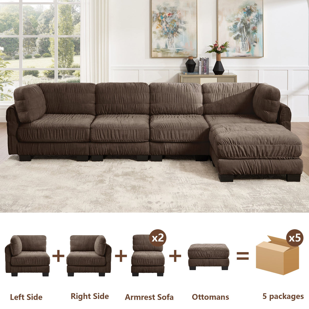 4 Seat Ruched Detailing Chenille Modular Sectional Sofa,Movable Ottoman,High-Density Foam,L Shape Thickened  Back Cushions,Easy Assembly,For Living Room,Bedroom,Brown
