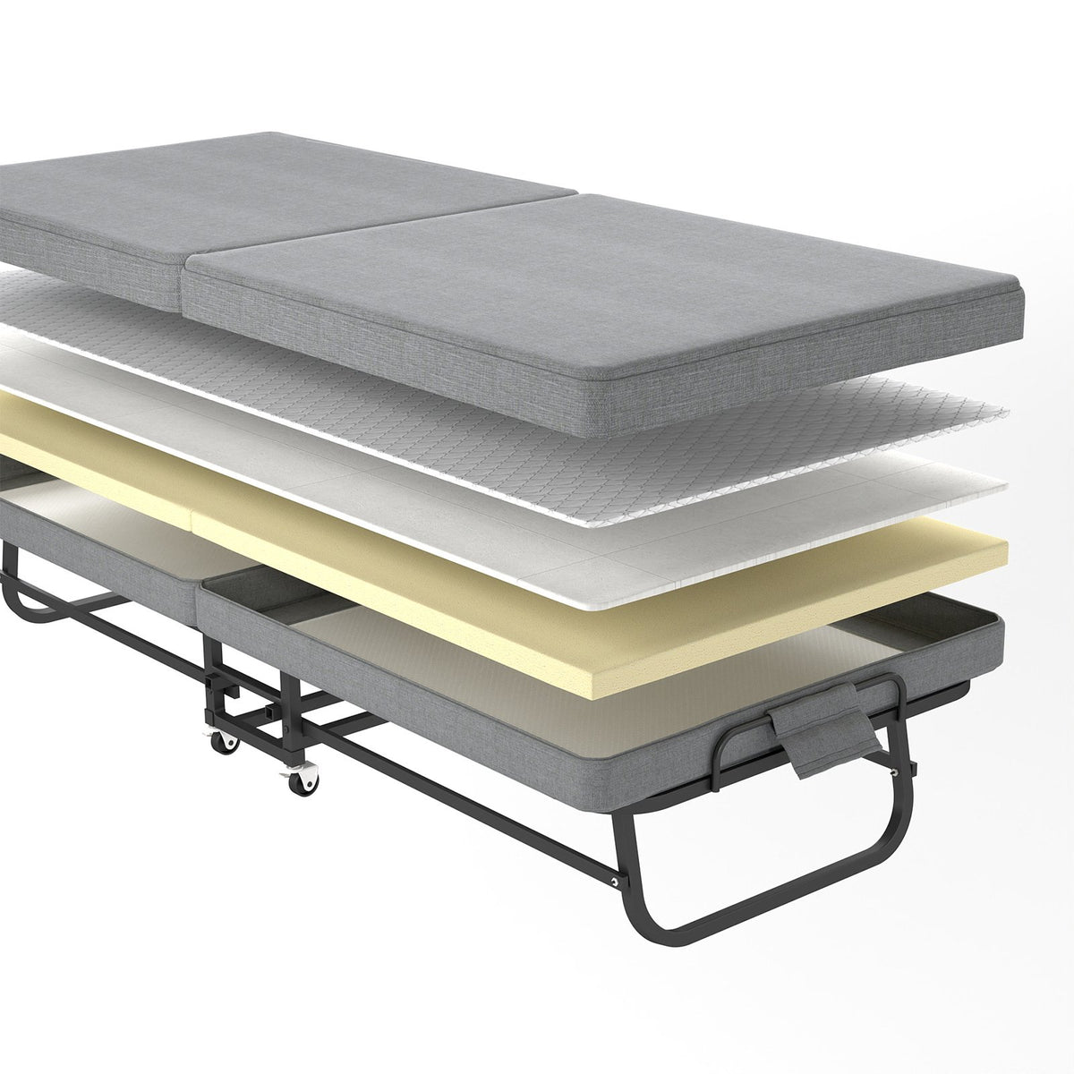 75" Folding Bed with Memory Foam Mattress, 4 Lockable Wheels Portable & Space Saving, Reinforced Steel Frame Quietly Supports 450 lbs, Folds Upright – Essential for Small Apartments & Guest Rooms