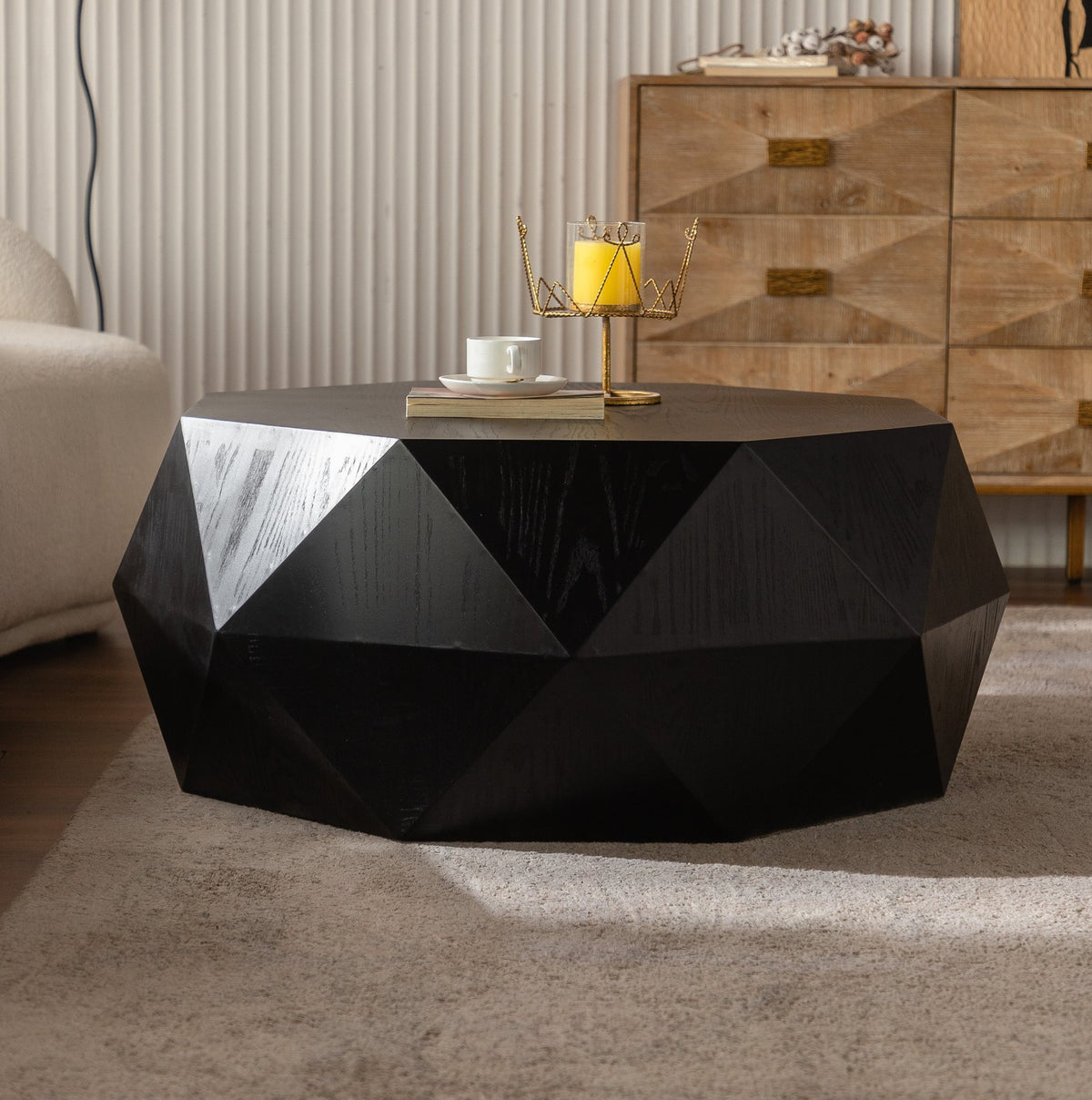 38"Three-dimensional Embossed Pattern Design American Retro Style Coffee Table,Black Tabletop