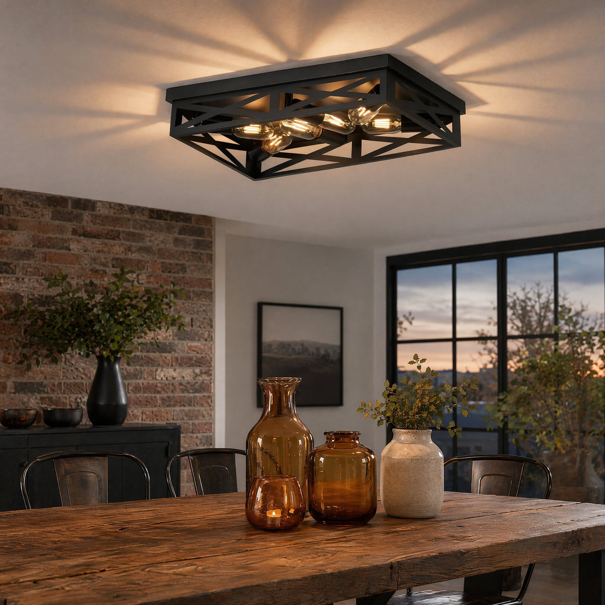 6-Light Matte Black Farmhouse Square Flush Mount Ceiling Light, Vintage Hollow Geometric Iron Cage Ceiling Lamp, Industrial Close to Ceiling Lighting for Dining Room, Bedroom-1 Pack(No light bulb)