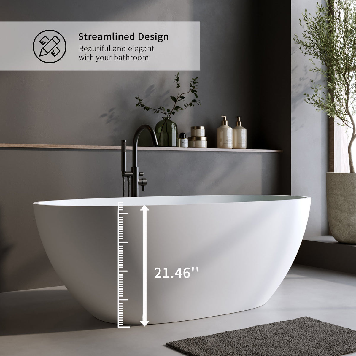 55″Solid Surface Matte Tub, Solid Surface Soaking Tub, Stone Resin Freestanding Bathtub, Thick Edge Stand Alone Tubs with Overflow
